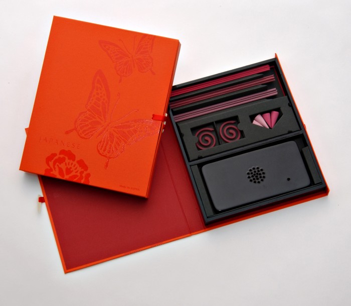 Butterfly Incense Gift Set (Peony, Plum & Cherry Blossoms Scents) Packaged in an orange case with an original incense holder