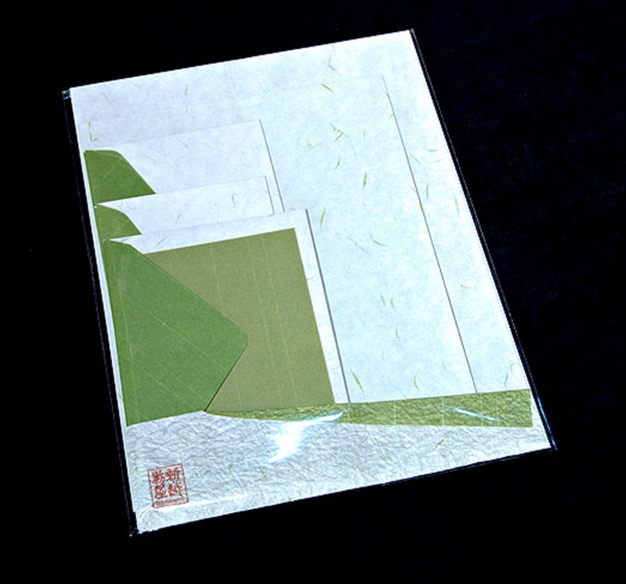 Macha (Green Tea coloured) Echizen Handmade Washi Paper & Envelope Set Authentic Echizen paper, environmentally-friendly
